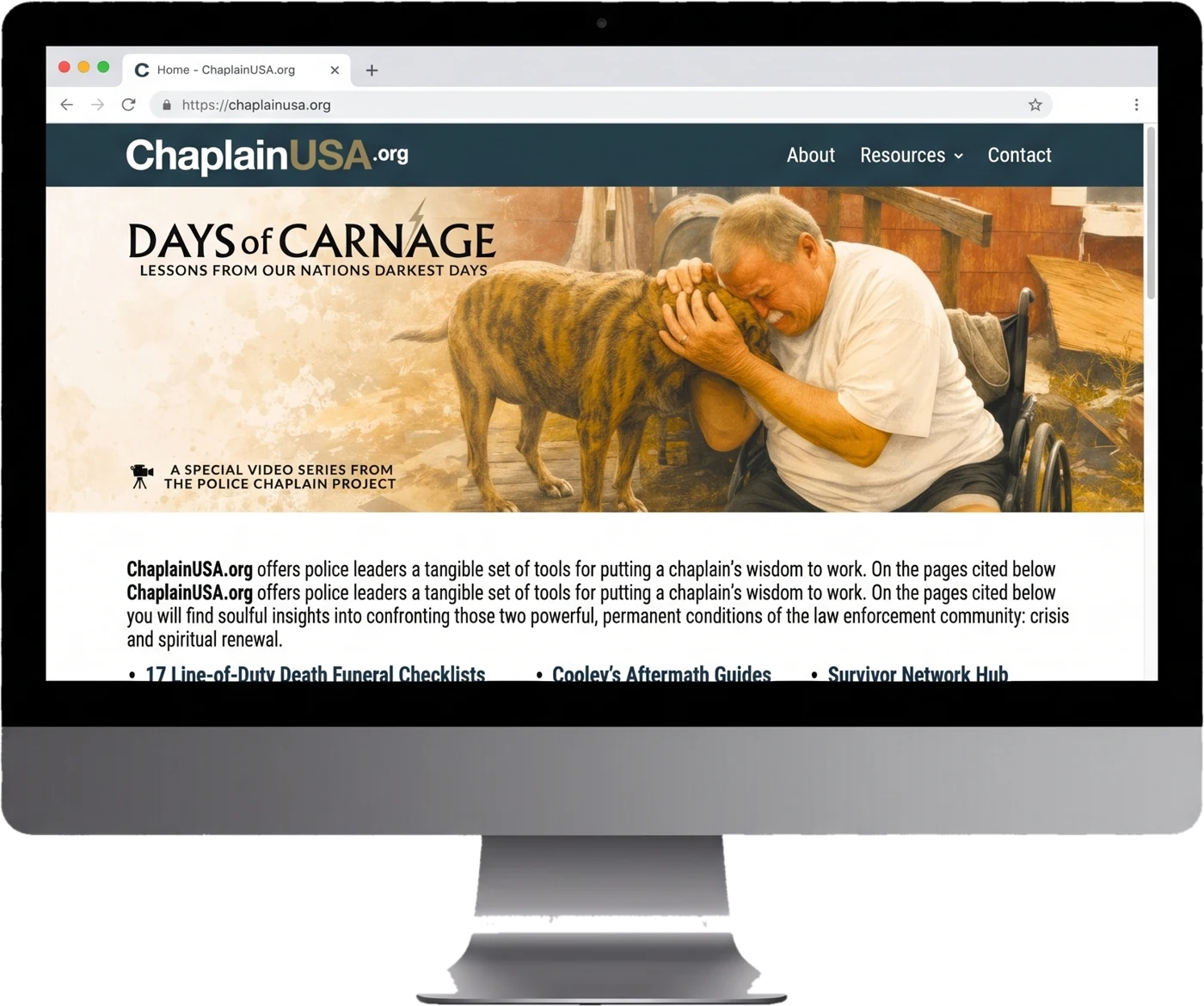 A desktop monitor showing the ChaplainUSA.org site with the Days of Carnage page open