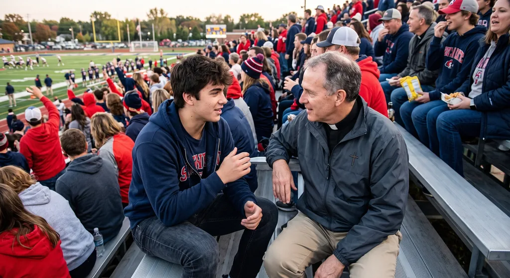 A chaplain in a windbreaker talks with a teenage boy in the bleachers at a high school football game.