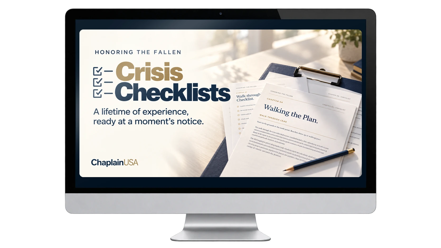 A desktop monitor displaying the ChaplainUSA Crisis Checklists card.
