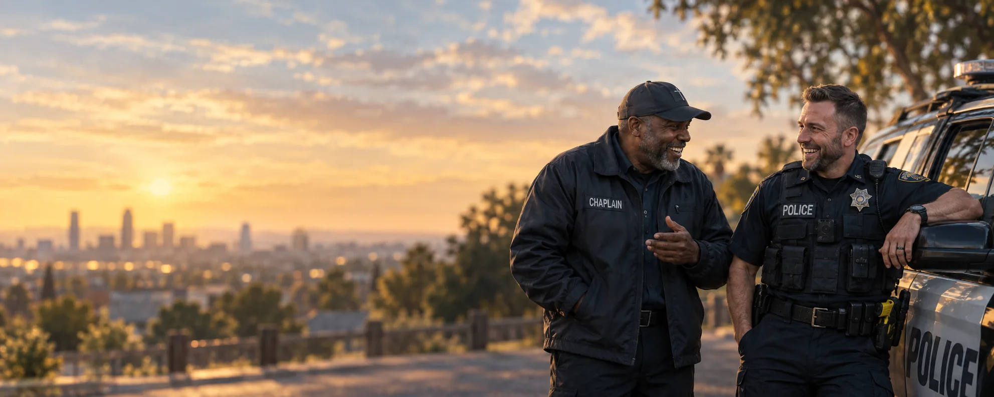 A police chaplain and a police officer laugh together beside a patrol car at sunset, with the city skyline glowing behind them.