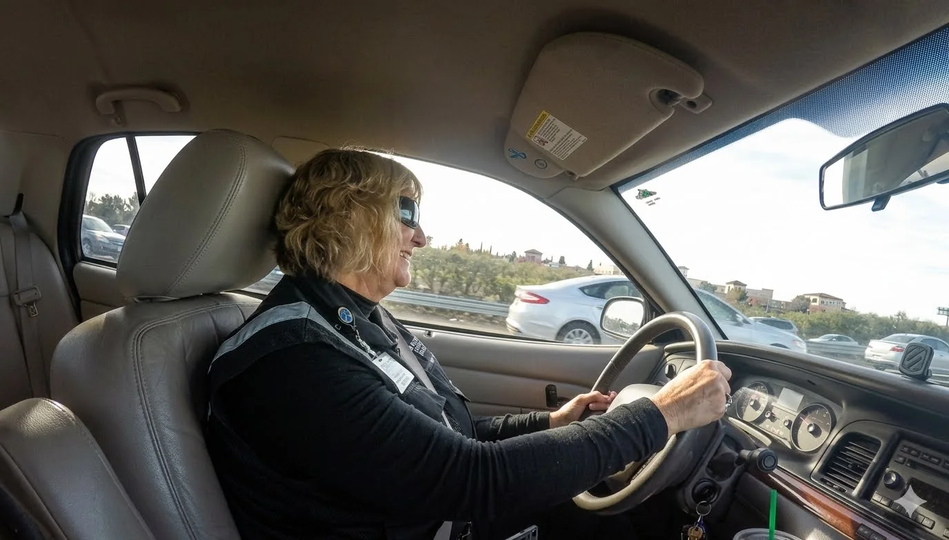 Mindi Russell smiling behind the wheel of a patrol car