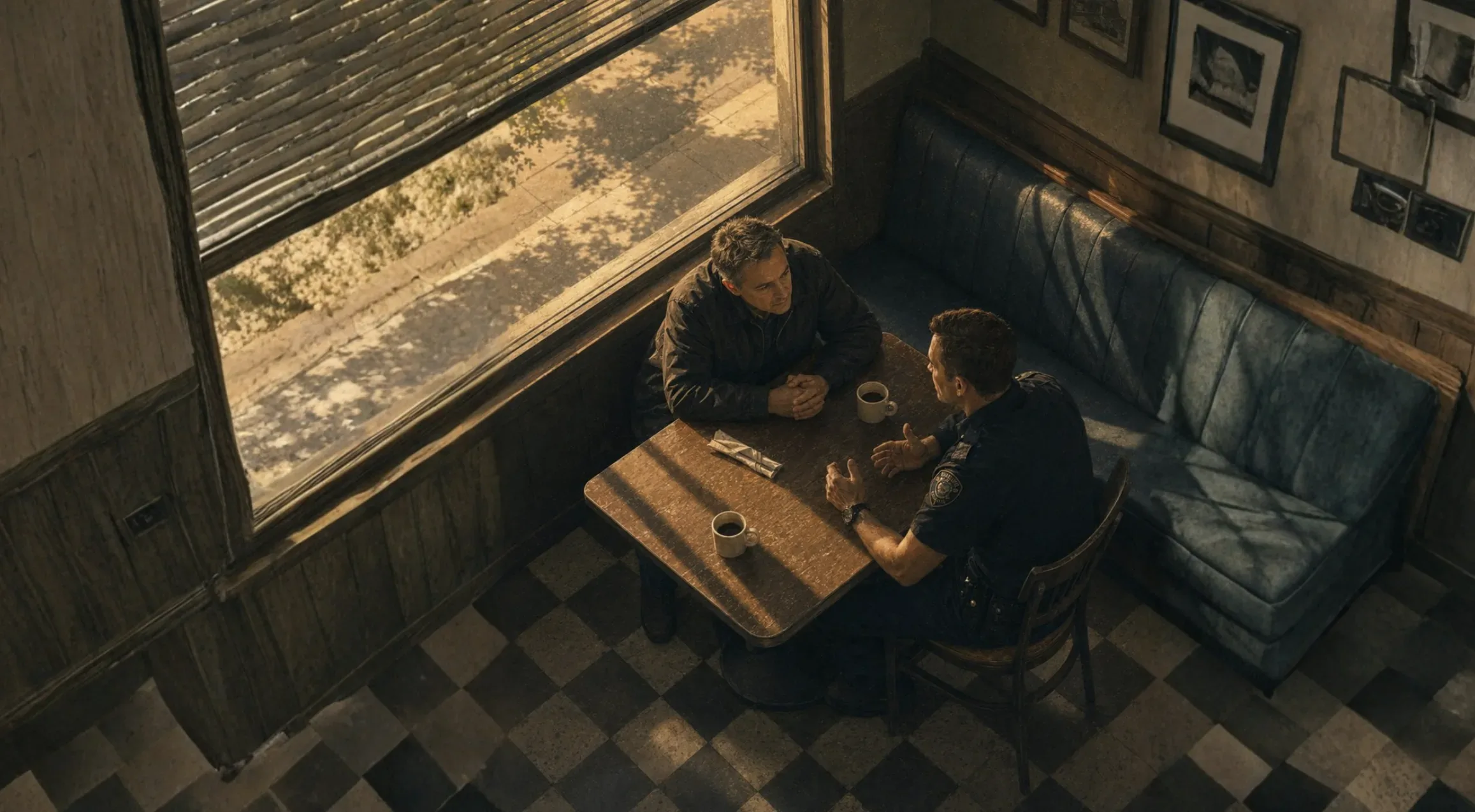 From above, a police officer and a chaplain talk across a small diner table, two cups of coffee between them.