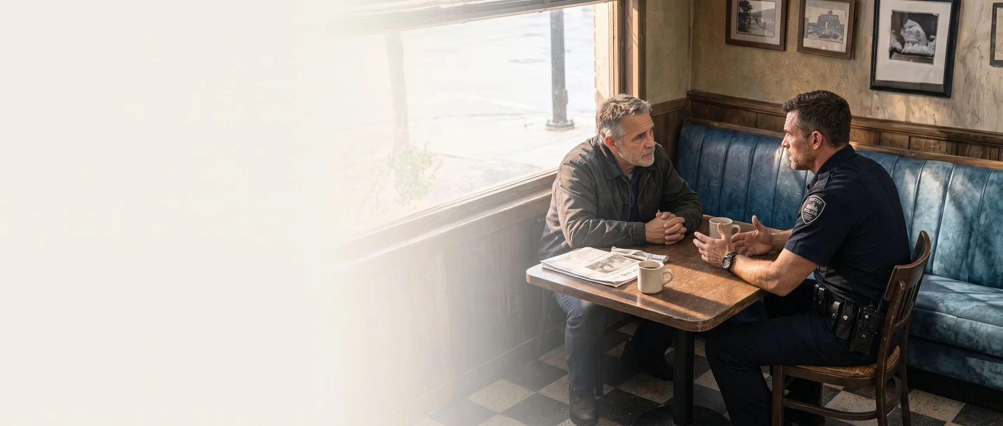 A police officer and a chaplain talk across a diner table by the window, two cups of coffee between them.
