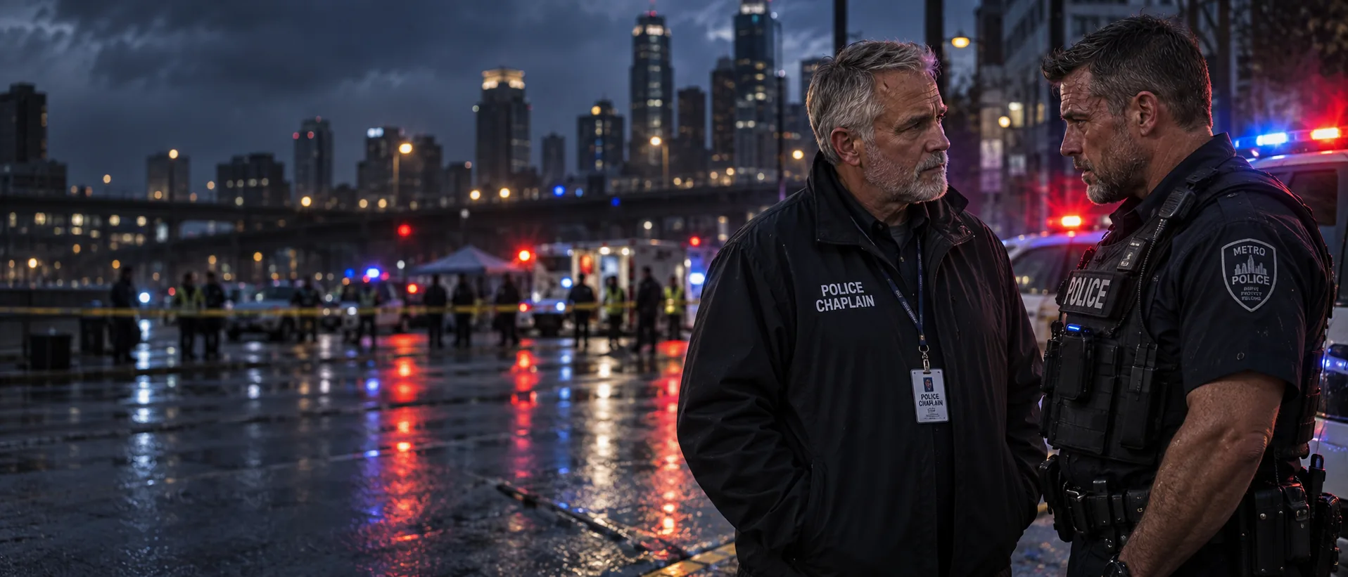 At night, behind police tape and flashing emergency lights, a police chaplain and a police officer stand close and talk.