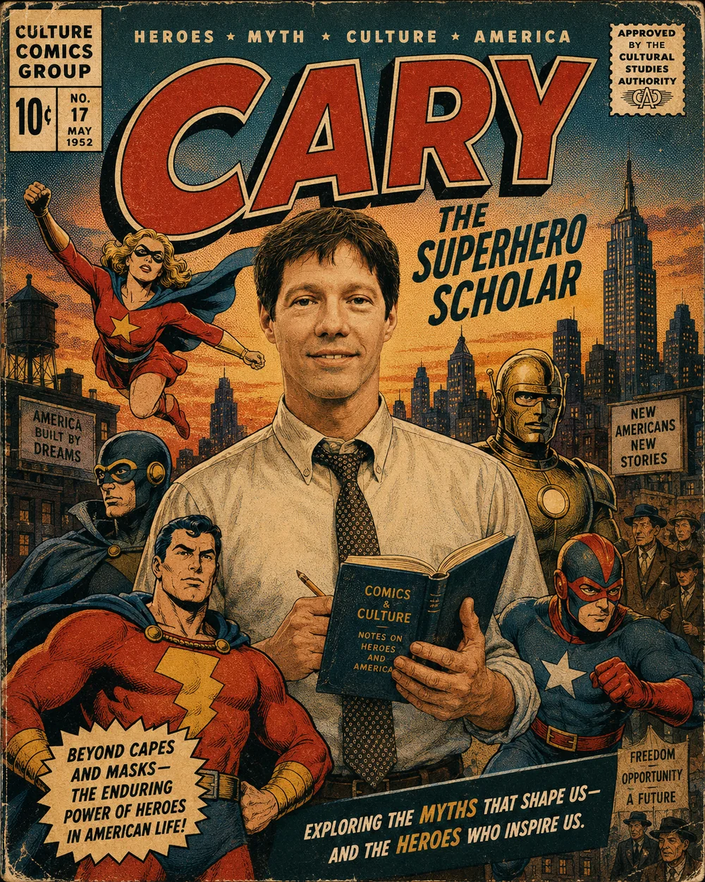 Comic-book cover illustration titled Cary, the Superhero Scholar, showing Rabbi Friedman holding a book among classic comic heroes.