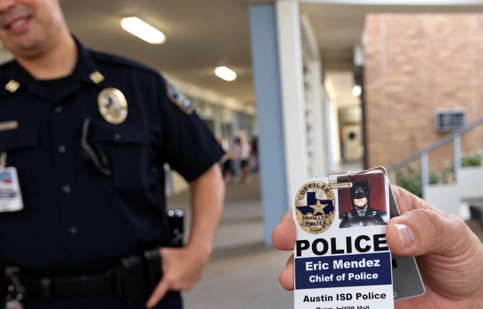 Chief Eric Mendez holds up his Austin ISD Police ID card with a picture of The Batman taped over his own photograph.