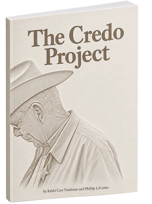 Book cover: The Credo Project, by Rabbi Cary Friedman and Phillip LeConte, with an embossed portrait of a sheriff in a cowboy hat
