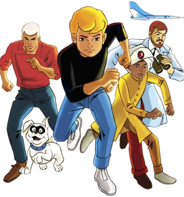Jonny Quest, Race Bannon, Hadji, Dr. Quest and Bandit the dog, running toward the viewer