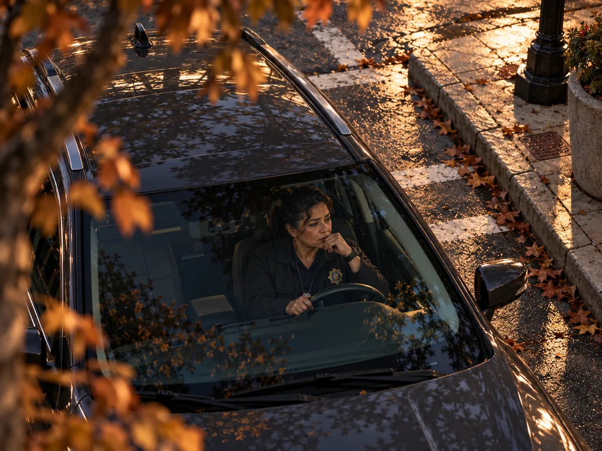 Seen from above through autumn leaves, a woman officer sits in her parked car, hand at her mouth, gathering herself before her shift.