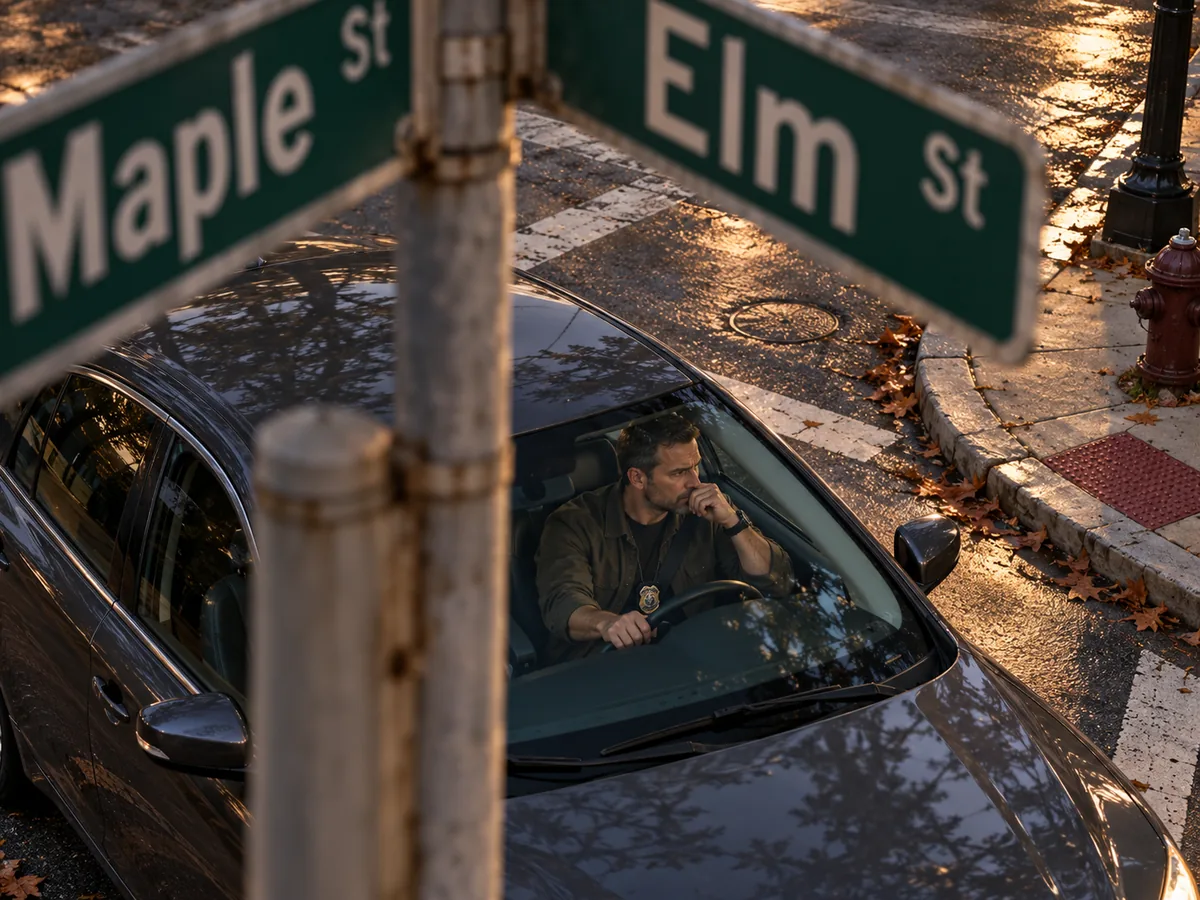 Seen from above, a man in a work jacket with a badge on a lanyard sits in his car at the corner of Maple Street and Elm Street, hand at his mouth, lost in thought.