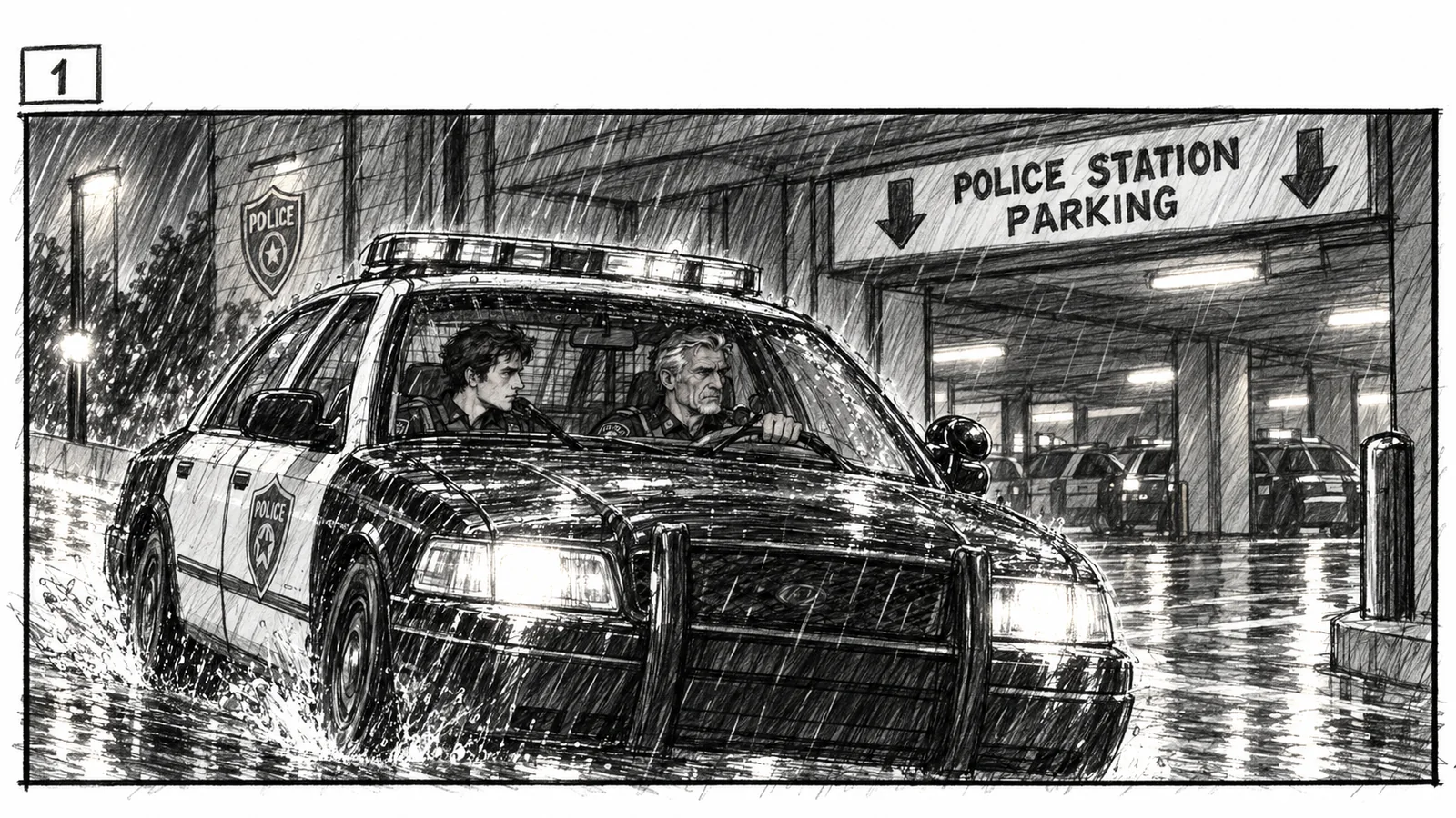 Storyboard frame 1, rainy dusk: a squad car with a gray-haired veteran at the wheel and a young officer beside him pulls into the police station parking area.