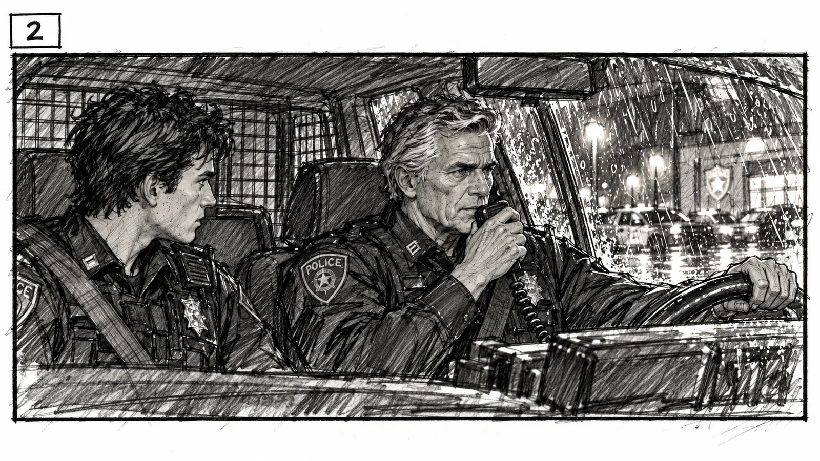 Storyboard frame 2: inside the patrol car, the veteran holds the radio microphone to his mouth while the rookie watches him; the lit station shows through the rain-streaked windshield.