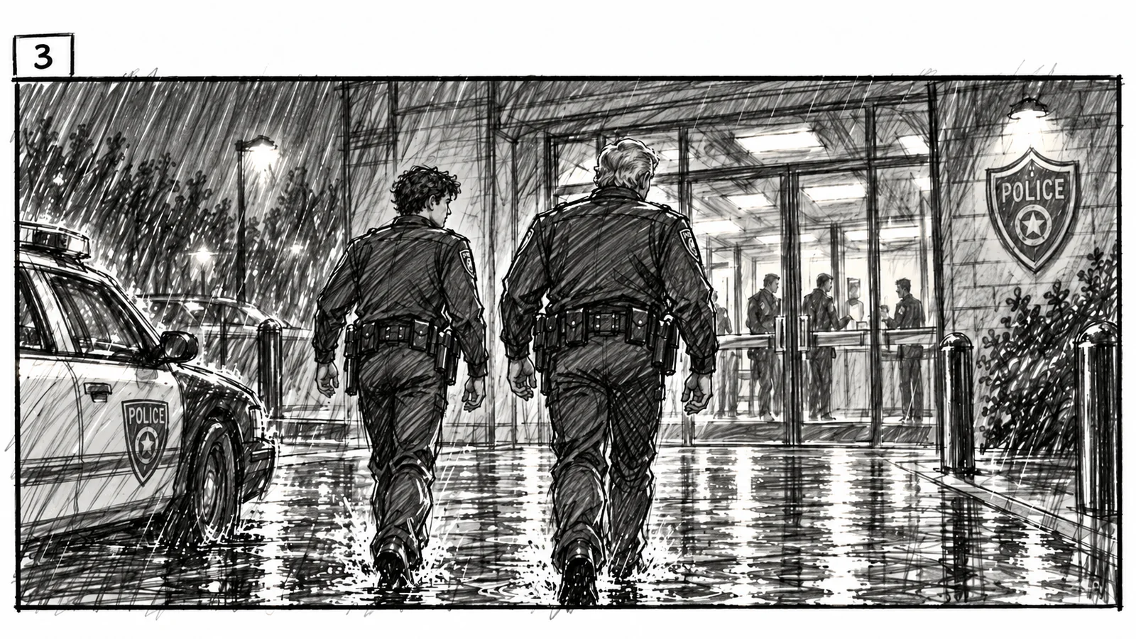 Storyboard frame 3: the two officers step out of the car and walk side by side through the rain toward the glowing station doors.