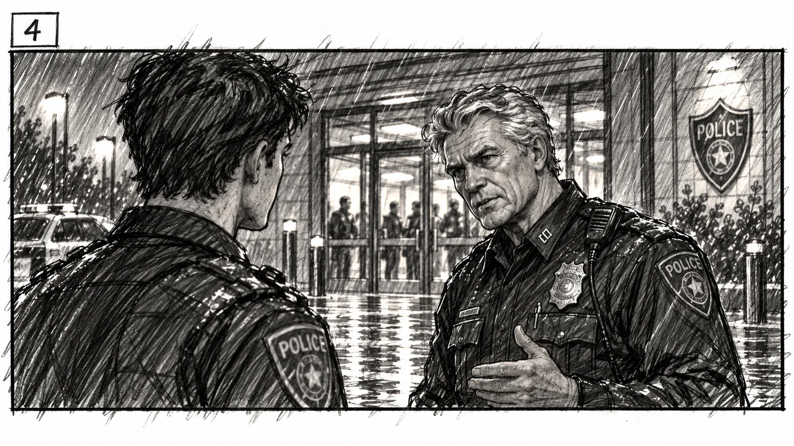 Storyboard frame 4: in the rain outside the station, the veteran faces the rookie, hand raised to his chest, as he begins to speak.