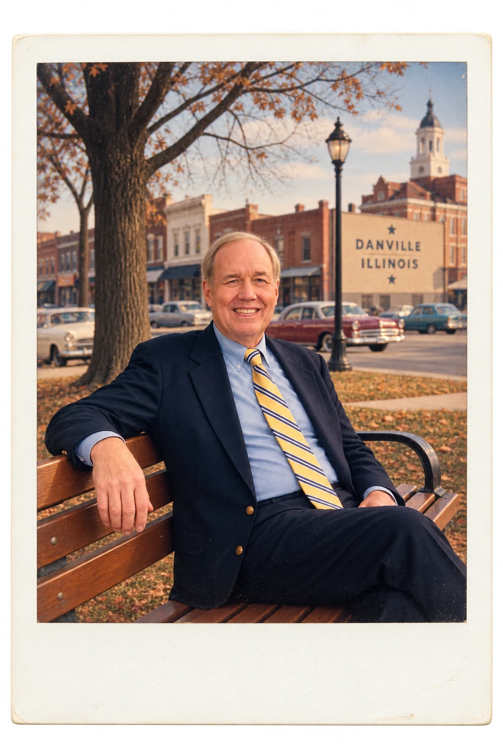 Bob Jones sitting on a park bench in Danville, Illinois