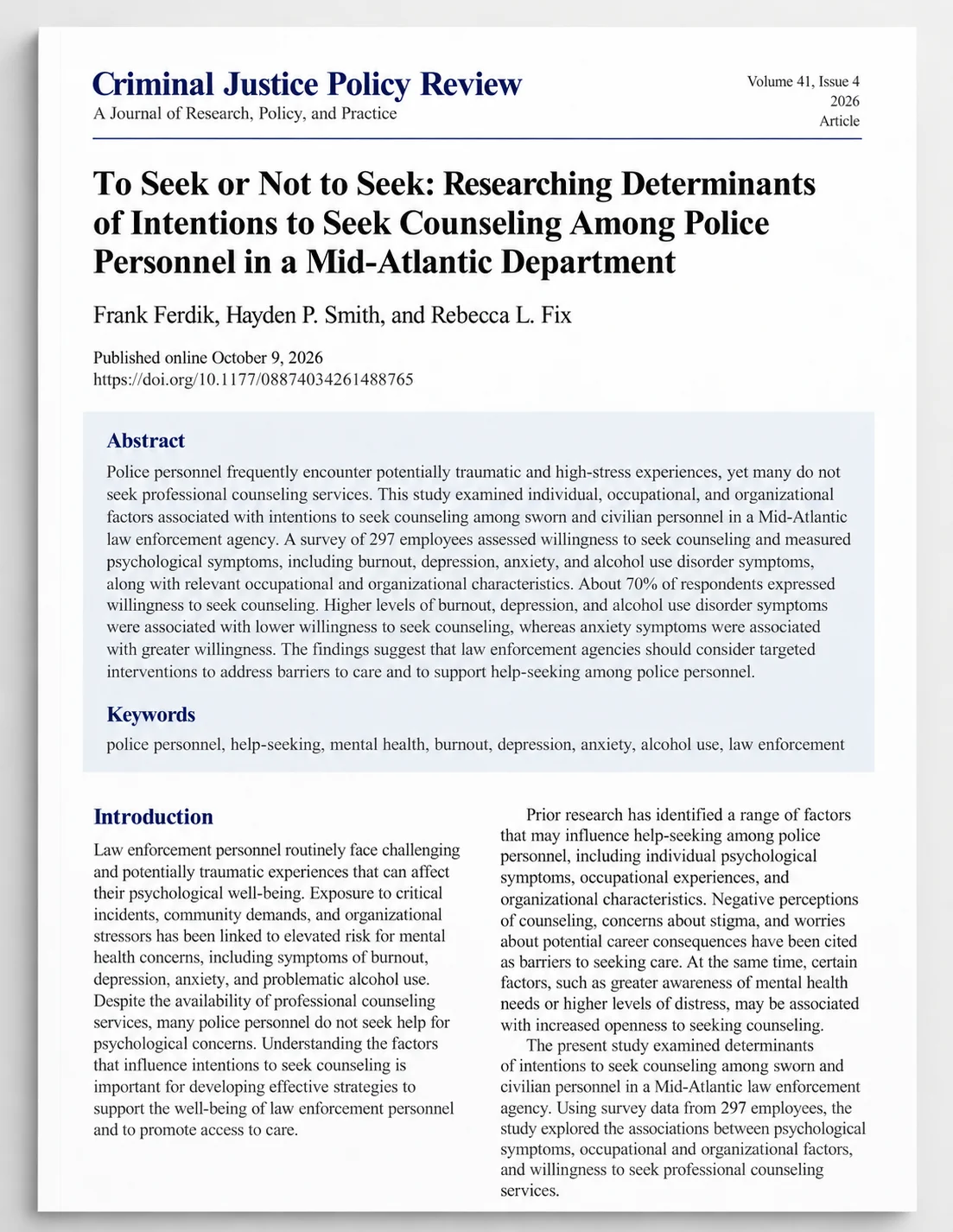 First page of “To Seek or Not to Seek,” by Frank Ferdik, Hayden P. Smith, and Rebecca L. Fix, Criminal Justice Policy Review, 2026
