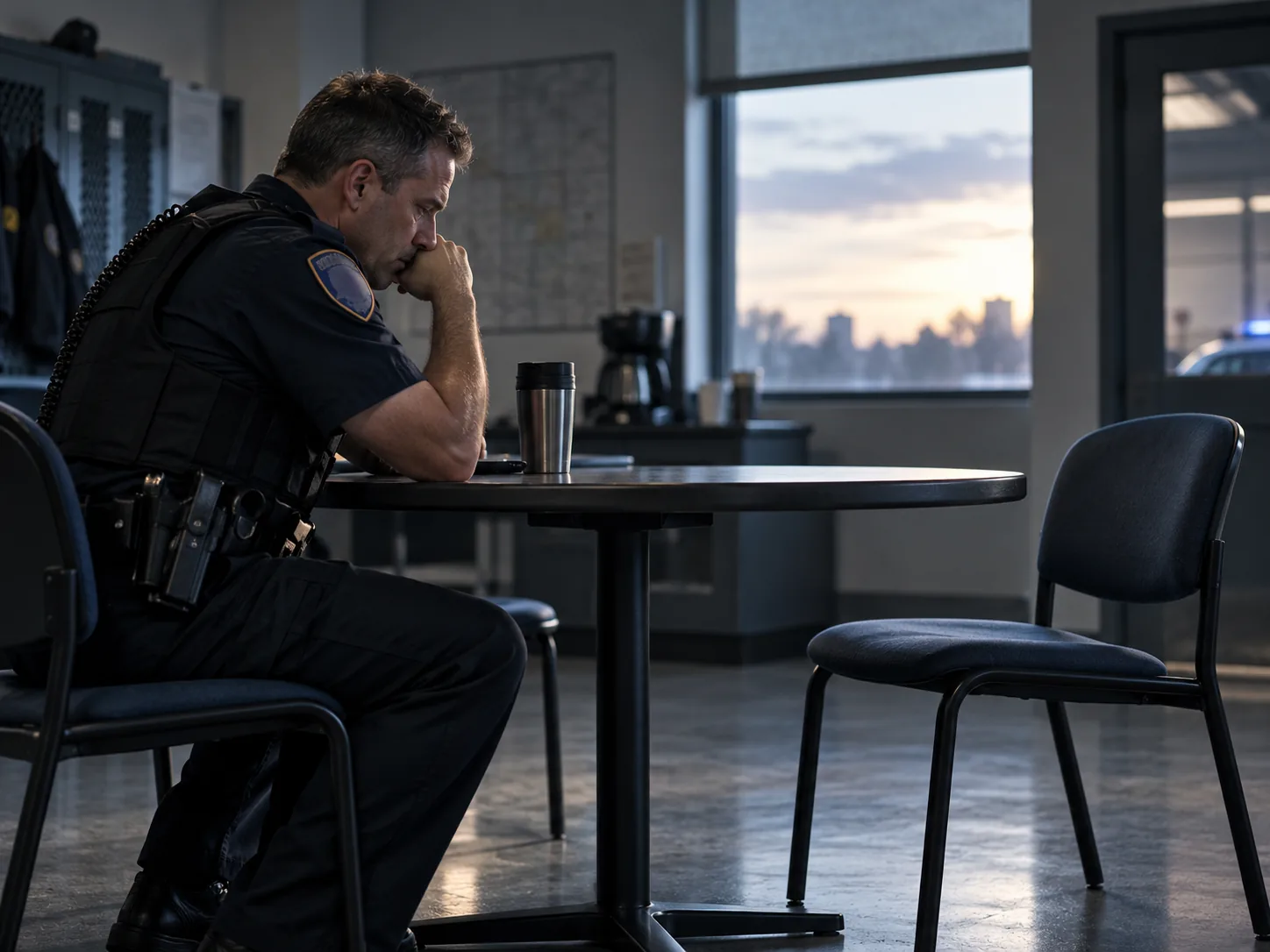 A uniformed police officer sits alone at a table in a station break room at dawn, head lowered, beside an empty chair.