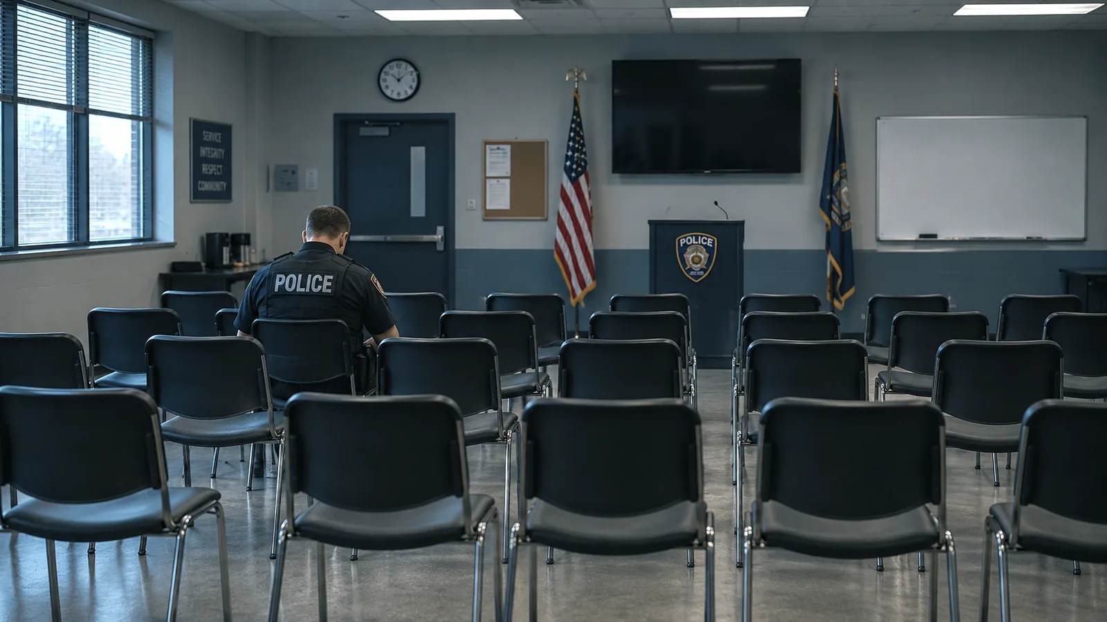 A lone police officer in uniform sits in a briefing room filled with rows of empty chairs, facing an empty podium.