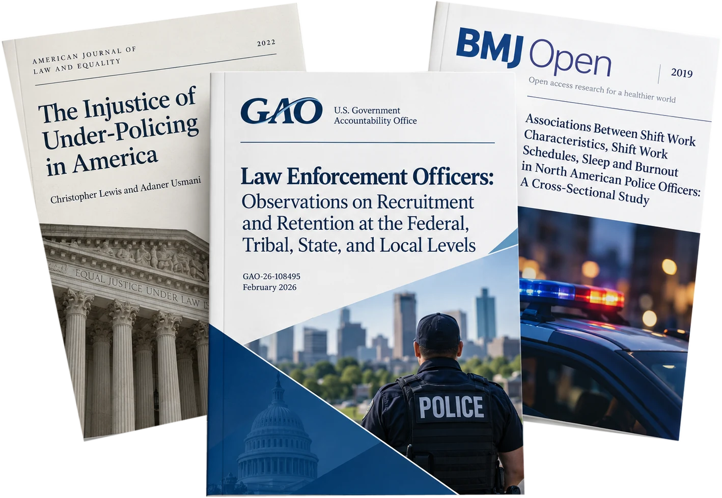 Three report covers: The Injustice of Under-Policing in America (American Journal of Law and Equality, 2022); Law Enforcement Officers: Observations on Recruitment and Retention at the Federal, Tribal, State, and Local Levels (U.S. Government Accountability Office, GAO-26-108495, February 2026); and a 2019 BMJ Open study on shift work, sleep and burnout in police officers.