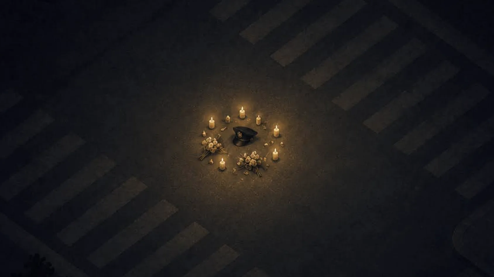 A police cap surrounded by candles and flowers at a quiet street memorial