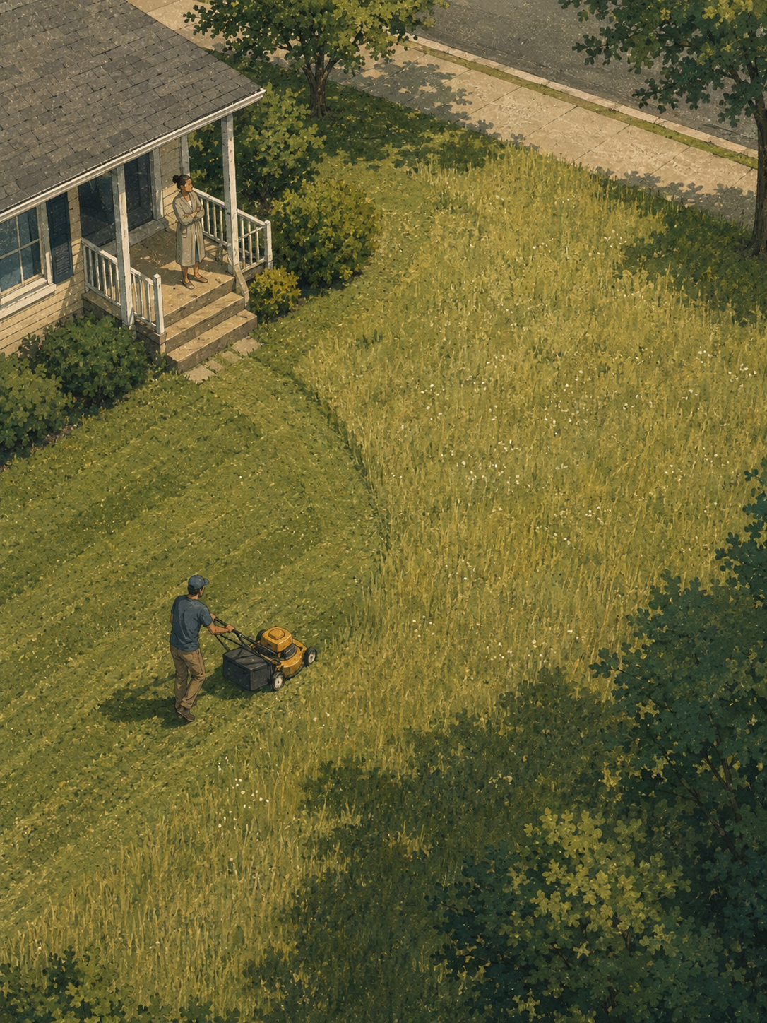 A neighbor mowing the lawn illustration