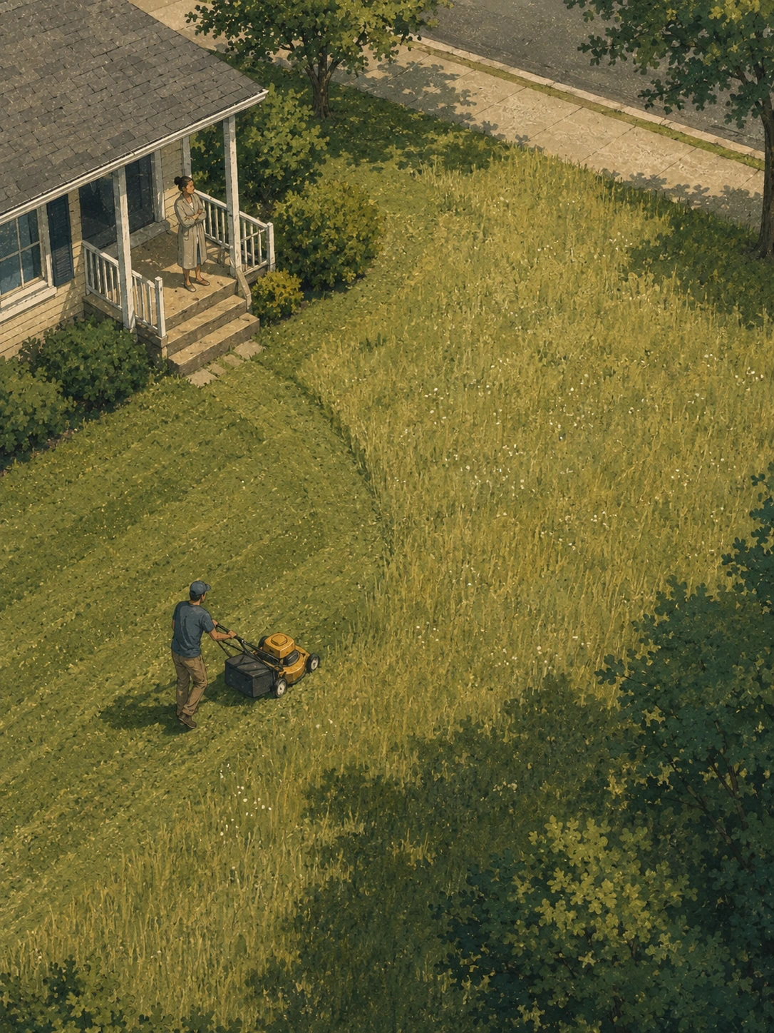 Neighbor mowing lawn illustration